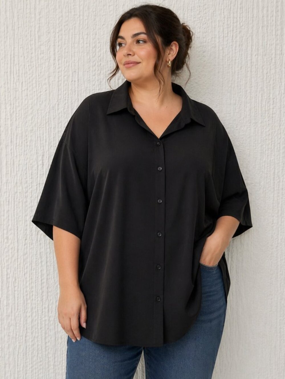 Stylus Black Oversized Button Down Blouse 4XL Flowy Polyester Top